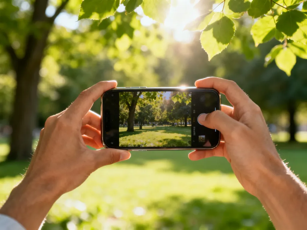 Osoba trzymająca smartfon nagrywa słoneczny park z perspektywy pierwszej osoby, ilustrując sposób użycia skrótu POV.