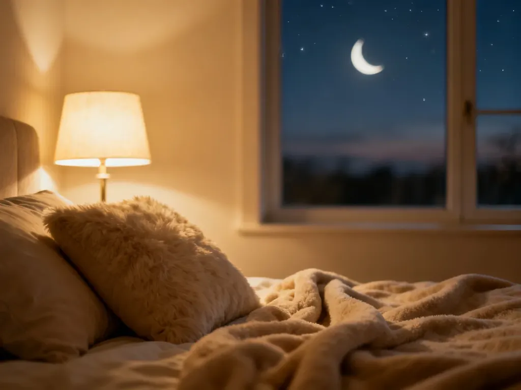Przytulna sypialnia z miękką pościelą i ciepłym światłem lampki, tworząca atmosferę idealną do spokojnego snu.