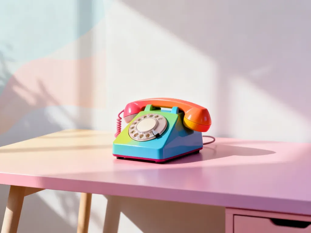 Kolorowy telefon w stylu retro na pastelowym biurku, nawiązujący do estetyki vintage.