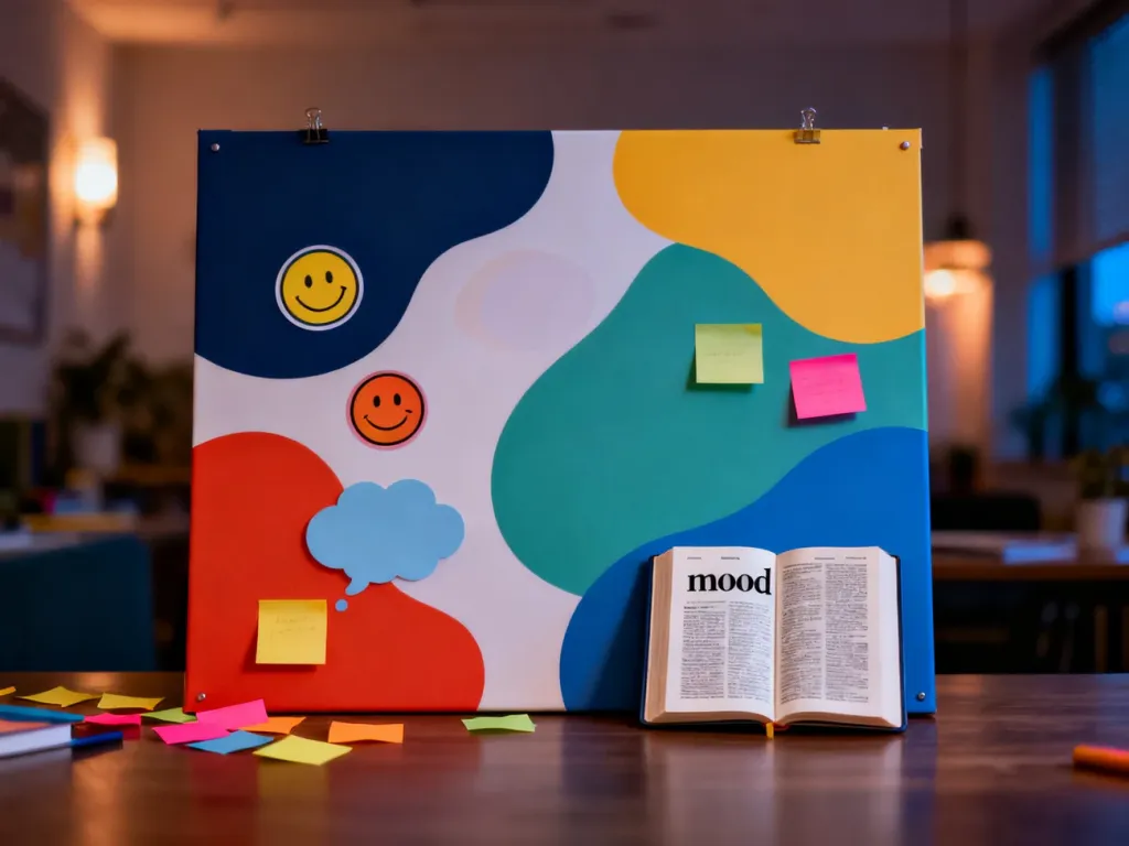 Tablica inspiracji z abstrakcyjnymi kształtami i otwartym słownikiem, ilustrująca znaczenie słowa „mood”.