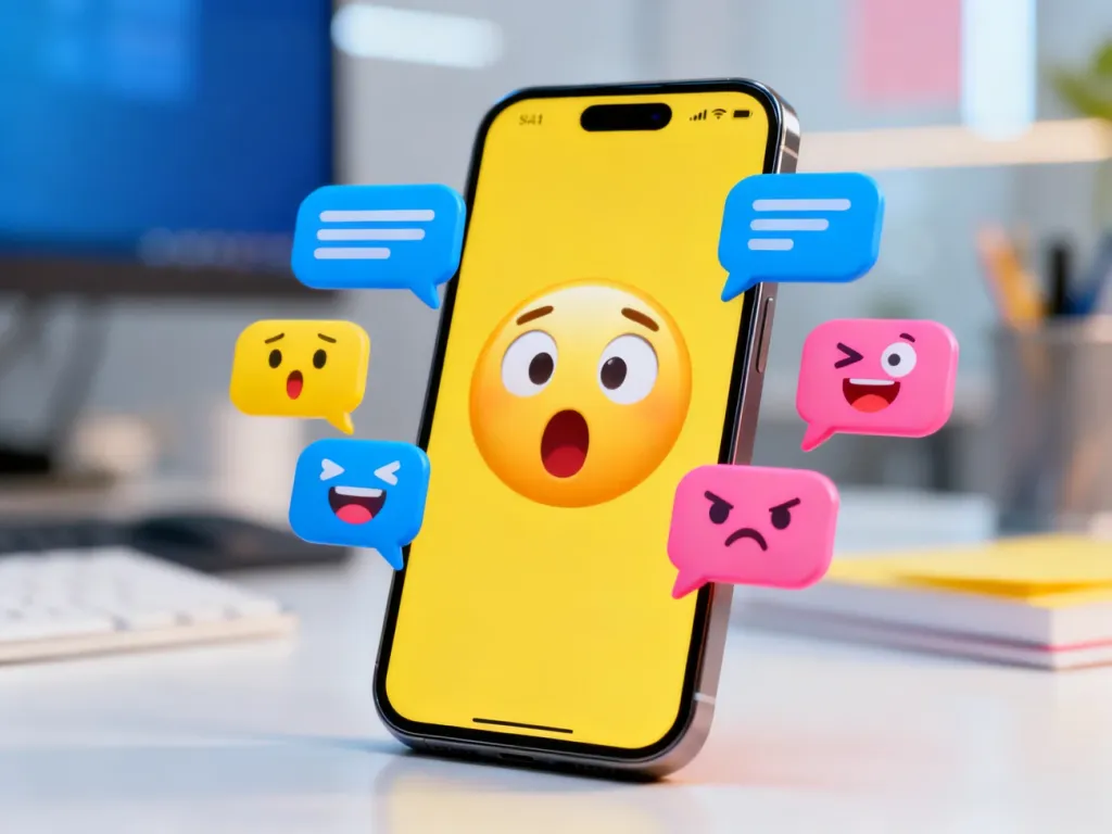 Smartfon z wyświetloną emotikoną zaskoczenia w otoczeniu kolorowych dymków czatu, symbolizujący użycie skrótu OMG.