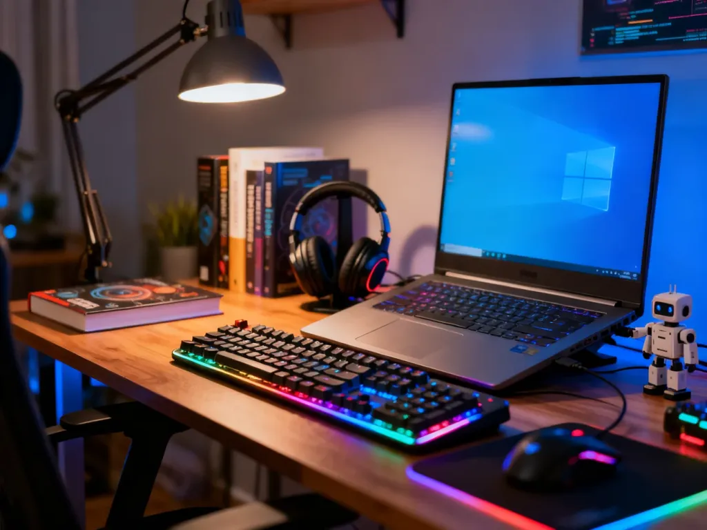 Nowoczesne stanowisko pracy z laptopem, mechaniczną klawiaturą i gadżetami, symbolizujące pasję do technologii i geekowski styl.