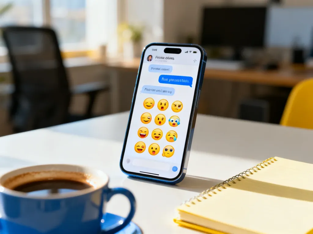 Smartfon z otwartym czatem i ikonami reakcji na biurku, ilustrujący swobodną komunikację w internecie.