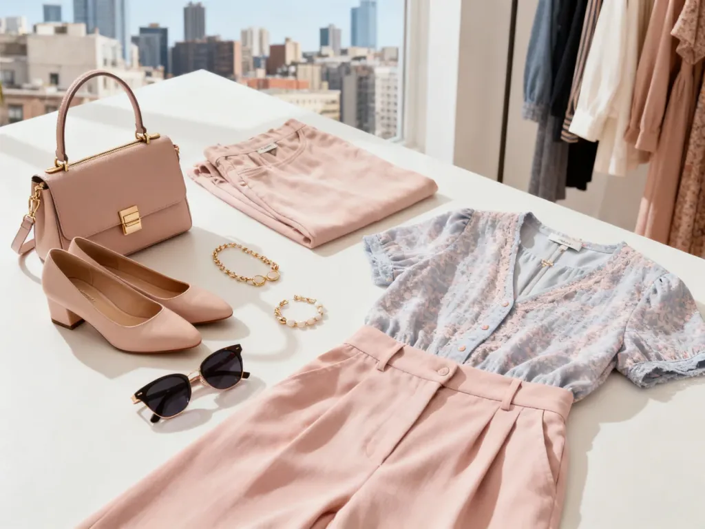 Modna stylizacja typu OOTD ułożona na jasnym tle, obejmująca ubrania, torebkę, okulary i biżuterię w pastelowych odcieniach.