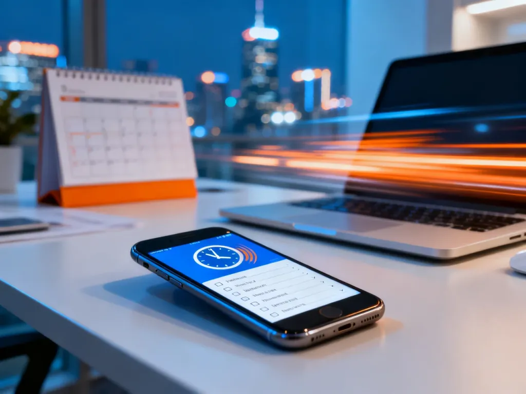 Smartfon z ikoną zegara i listą zadań na tle biura, symbolizujący pośpiech i efektywne zarządzanie czasem.
