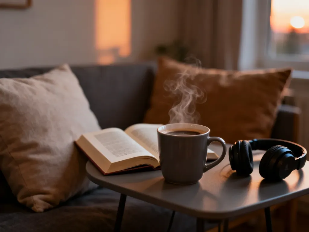 Kubek gorącej kawy, książka i słuchawki na stole, tworzące przytulną atmosferę sprzyjającą relaksowi i odpoczynkowi.