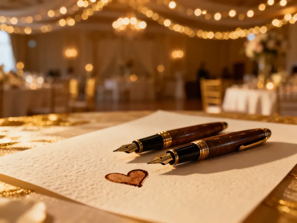 Dwa eleganckie pióra wieczne na papierze z plamą w kształcie serca, symbolizujące przygotowania do przemowy weselnej.