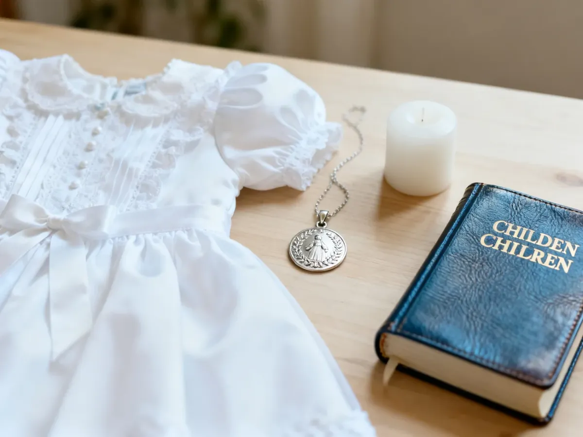 Biała szatka, medalik i Biblia jako pamiątki chrztu