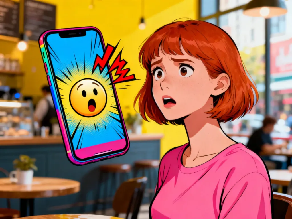 Zaskoczona młoda kobieta patrząca na smartfon z emotikoną, co ilustruje humorystyczny kontekst zwrotu „womp womp”.