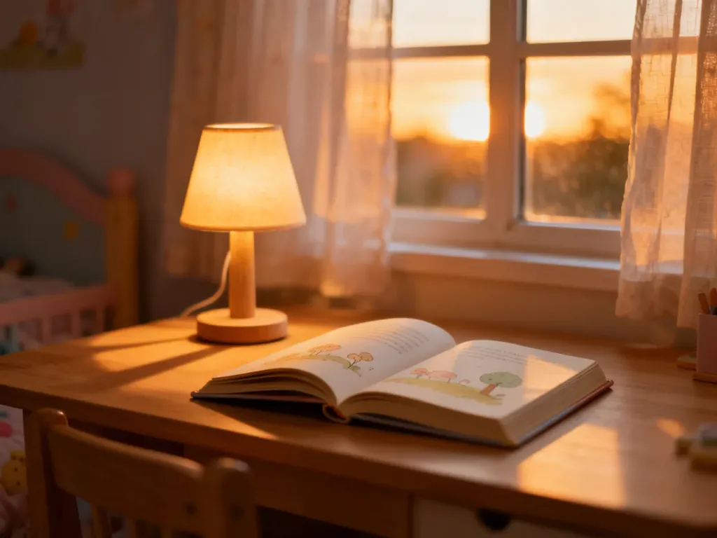 Przytulny pokój dziecięcy z otwartą książką i ciepłym światłem lampki, tworzący spokojną atmosferę sprzyjającą wyciszeniu.