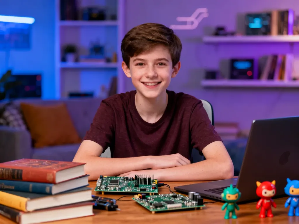 Młody człowiek w otoczeniu książek, laptopa i sprzętu elektronicznego, ilustrujący pasję i styl życia współczesnego nerda.