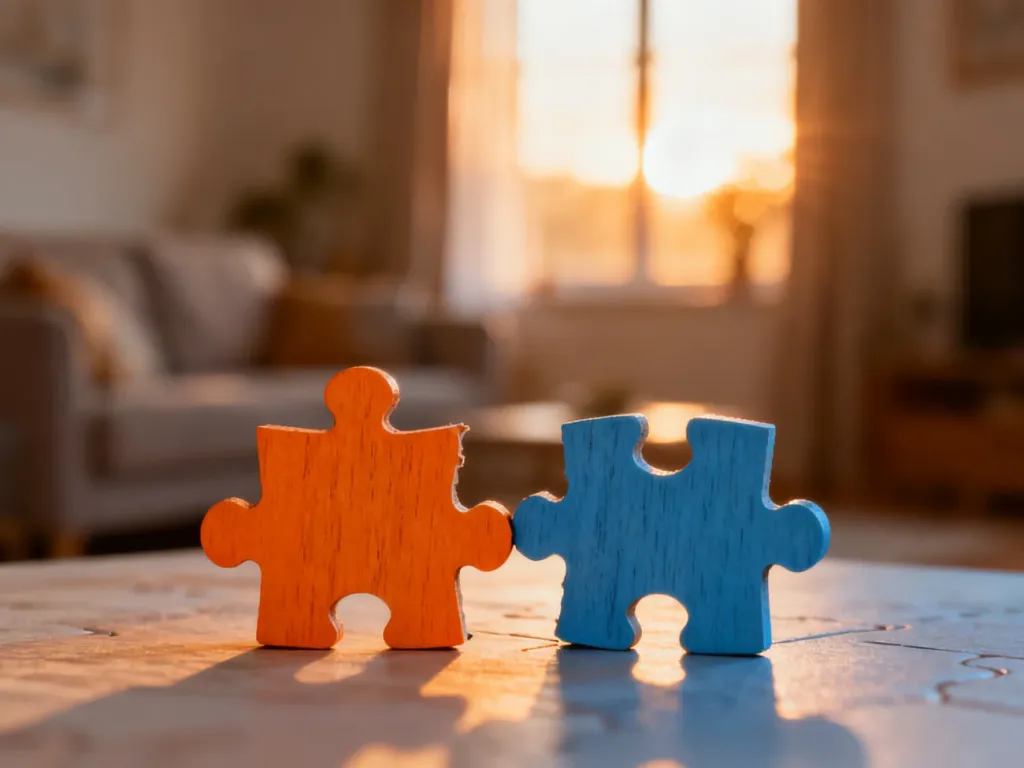 Dwa puzzle w kolorach pomarańczowym i niebieskim symbolizują proces godzenia się i naprawy relacji rodzinnych.