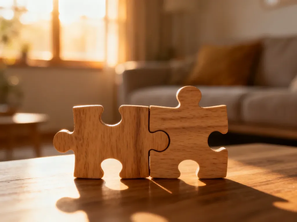Dwa idealnie pasujące do siebie drewniane puzzle na tle przytulnego salonu, symbolizujące porozumienie i harmonię w rodzinie.