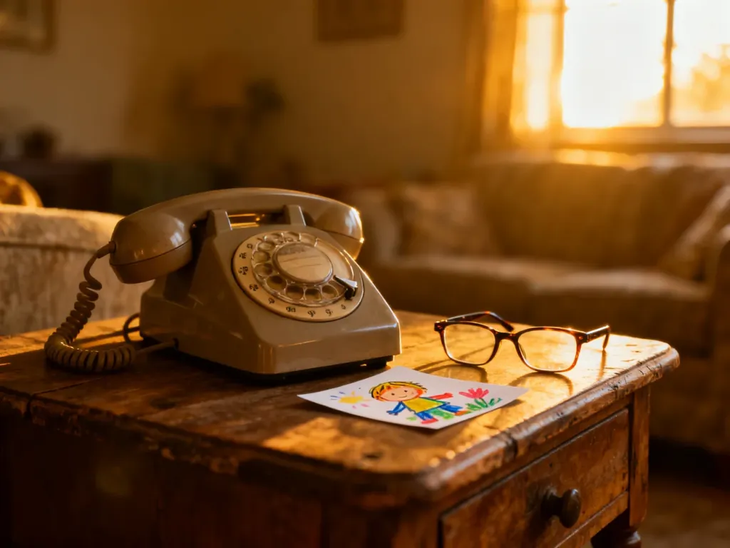 Stary telefon z dziecięcym rysunkiem i okularami na drewnianym stoliku, tworzące ciepły, nostalgiczny klimat rozmowy z wnukami.