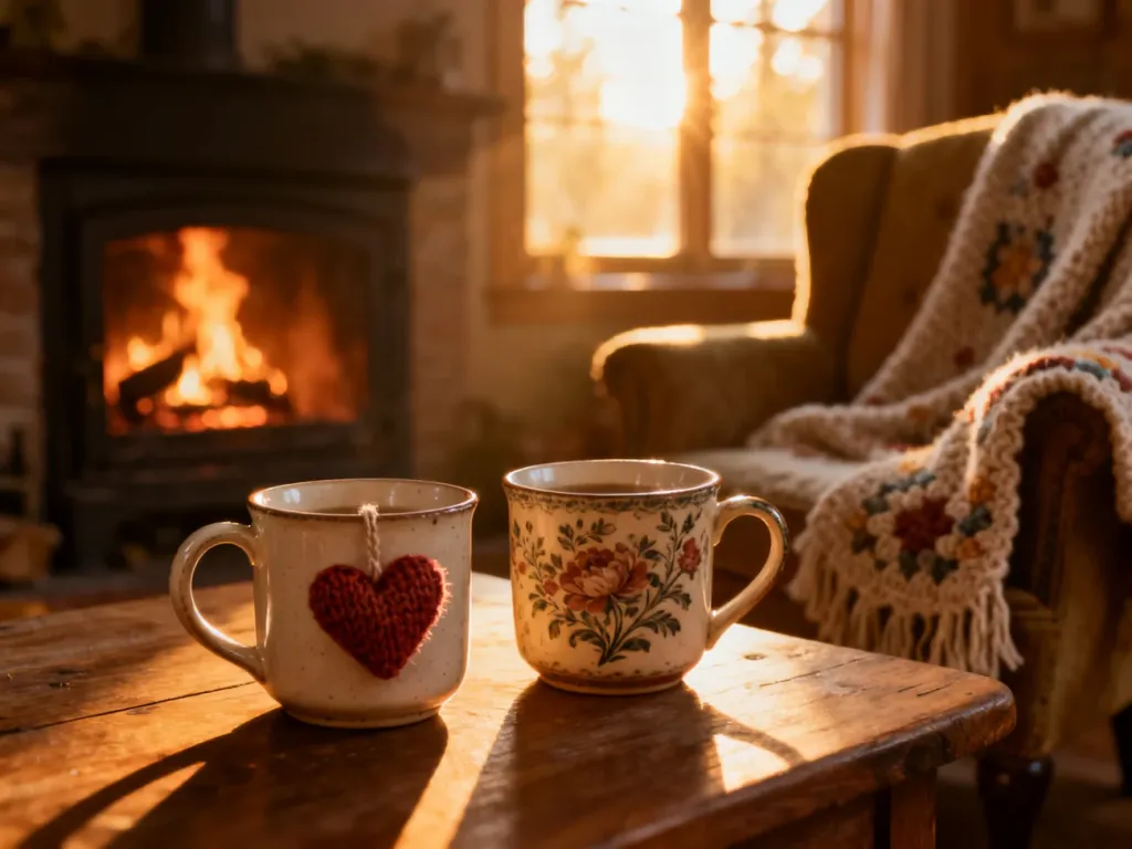 Dwa ceramiczne kubki na drewnianym stole przy kominku, tworzące ciepłą i nostalgiczną atmosferę domowego zacisza.
