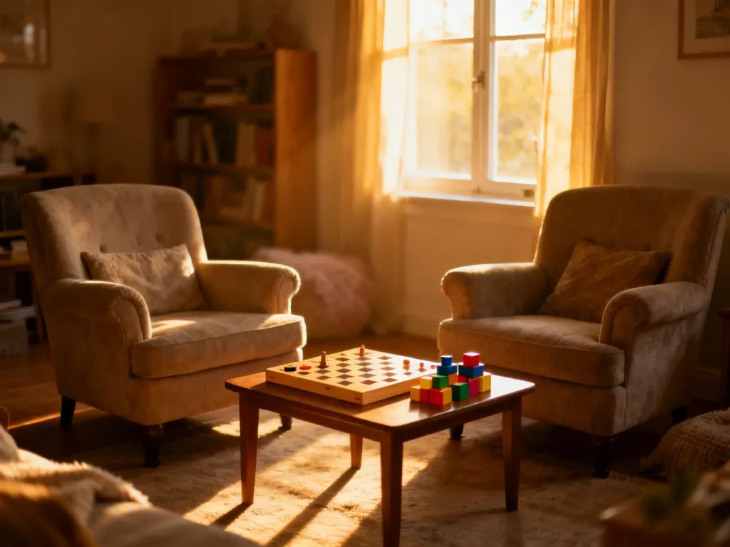 Przytulny salon z fotelami, grami i klockami, przygotowany na wspólną zabawę z wnukiem w ciepłej, domowej atmosferze.