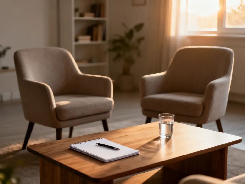 Przytulny salon przygotowany do spokojnej rozmowy mediacyjnej, z fotelami i notatnikiem na stole w świetle poranka.