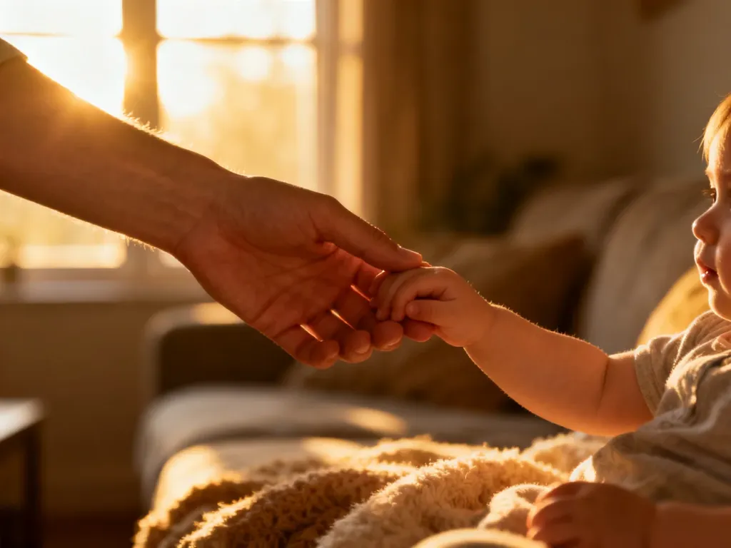 Dłoń dorosłego delikatnie trzymająca dłoń dziecka w ciepłym, domowym świetle, symbolizująca bliskość i budowanie więzi.