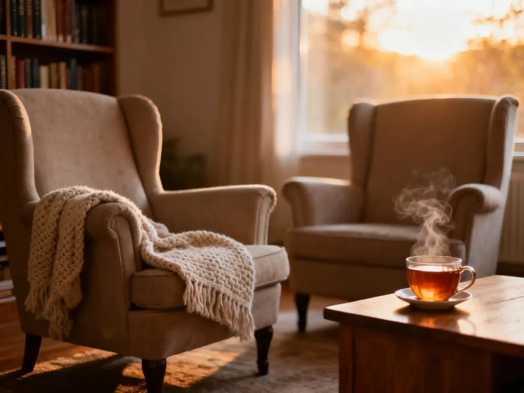 Przytulny salon z fotelami i ciepłą herbatą, tworzący atmosferę sprzyjającą rozmowie i wsparciu dla samotnego opiekuna.