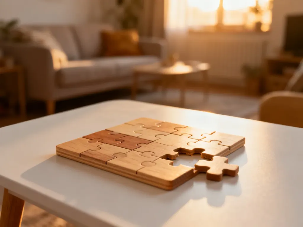 Drewniane puzzle z brakującymi elementami na stole, symbolizujące potrzebę szczerej rozmowy i odkrywania prawdy z dzieckiem.