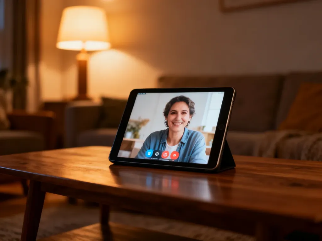 Nowoczesny tablet z włączoną wideorozmową na tle przytulnego salonu, zachęcający do kontaktu z bliskimi.