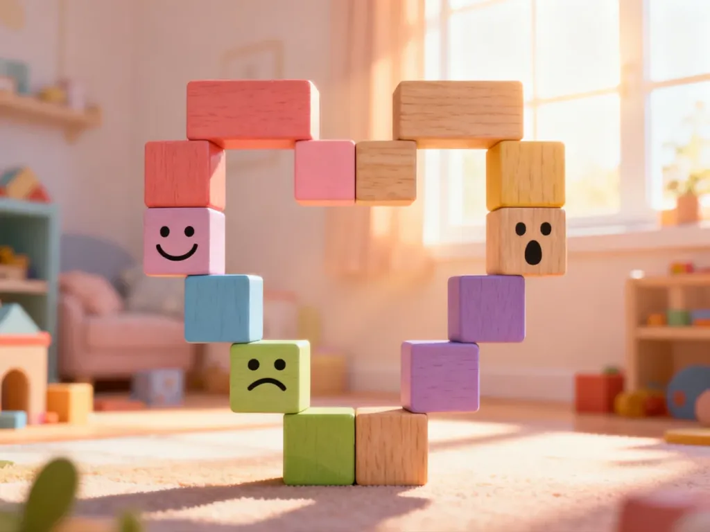 Kolorowe klocki ułożone w kształt serca z ikonami emocji, symbolizujące naukę nazywania uczuć w przyjaznym otoczeniu.