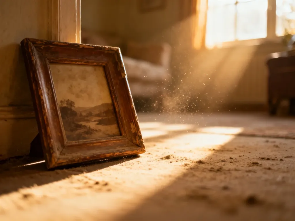 Stara, drewniana ramka na zdjęcia leżąca w promieniach słońca, symbolizująca refleksję nad rodzinną przeszłością i wspomnieniami.