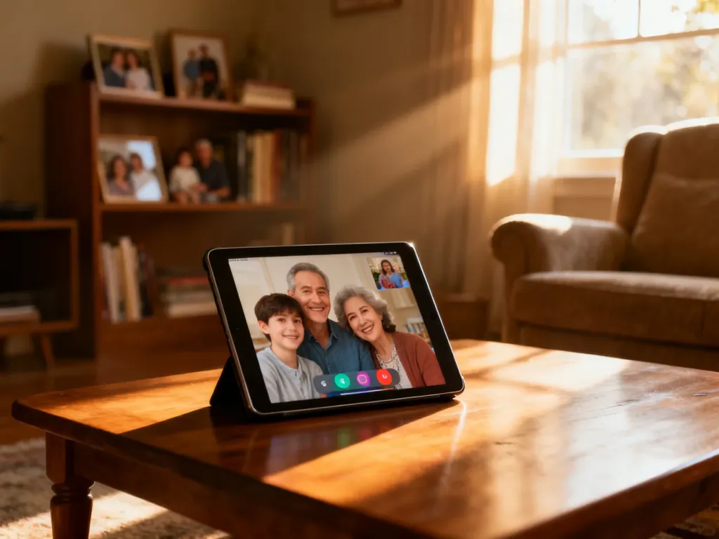 Tablet na stoliku kawowym podczas rozmowy wideo, symbolizujący bliskość z wnukami mimo dzielącej odległości.