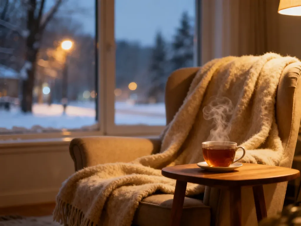 Przytulny salon z fotelem, kocem i gorącą herbatą, tworzący atmosferę sprzyjającą relaksowi w zimowy wieczór.