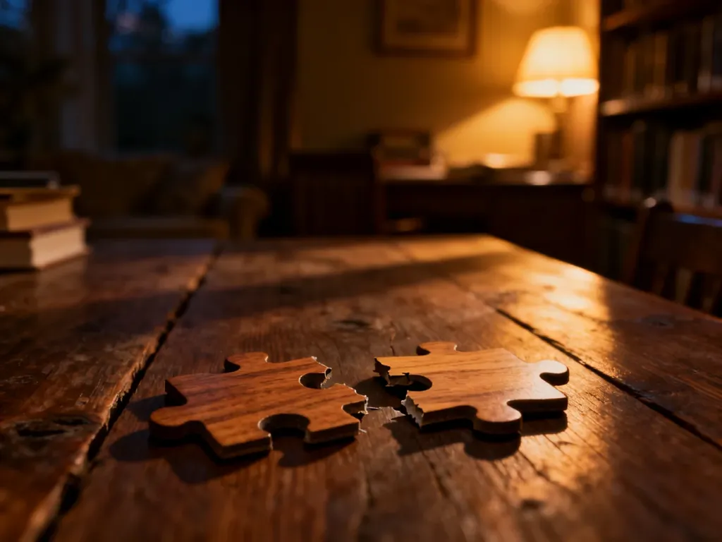 Rozdzielone elementy drewnianych puzzli na stole, symbolizujące zerwaną więź między ojcem a synem.