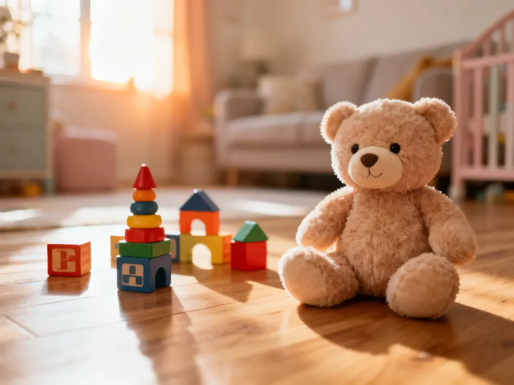 Kolorowe klocki edukacyjne i pluszowy miś na podłodze w przytulnym, słonecznym pokoju dziecięcym.