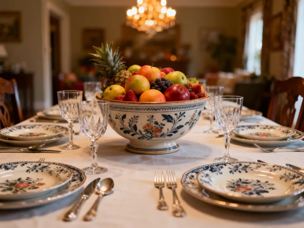Elegancko nakryty stół z porcelaną i owocami, przygotowany na rodzinne spotkanie w przytulnej atmosferze.