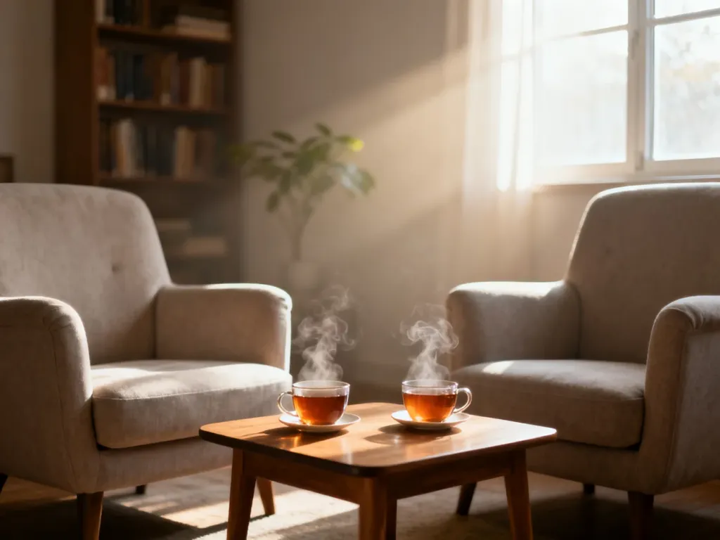 Dwa fotele z parującą herbatą w przytulnym salonie, sprzyjające spokojnej rozmowie w domowej atmosferze.